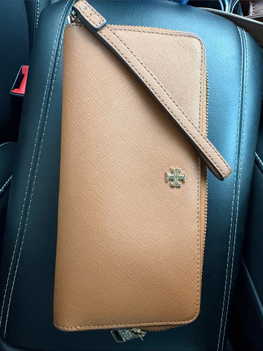 Tory Burch Saddle Brown Leather Zip Wristlet Wallet with Gold Logo